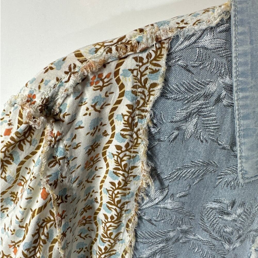 POL Patchwork Exposed Seam Button Up Top Chambray Floral Long Sleeve Boho Sz S - Picture 6 of 14
